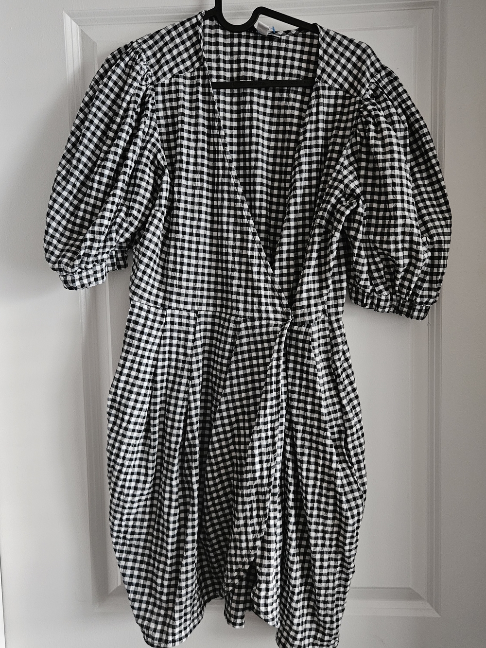Topshop Black & White Gingham Puff Sleeve Wrap Mini Dress